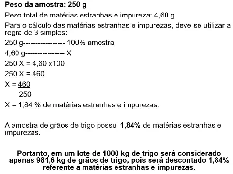 exemplo prático e detalhado do cálculo de percentual de impurezas em uma amostra de grãos de trigo. O p