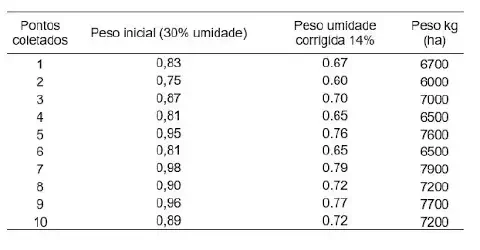 uma tabela de dados utilizada para estimar a produtividade agrícola, provavelmente de uma lavoura de grãos com