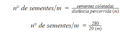 Como Calcular Sementes por Metro: Fórmula para Perdas A imagem apresenta duas fórmulas matemáticas sobre um fundo branco, destinadas a calcular a densidade de sementes por metro l
