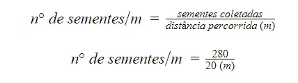 A imagem apresenta duas fórmulas matemáticas sobre um fundo branco, destinadas a calcular a densidade de sementes por metro l