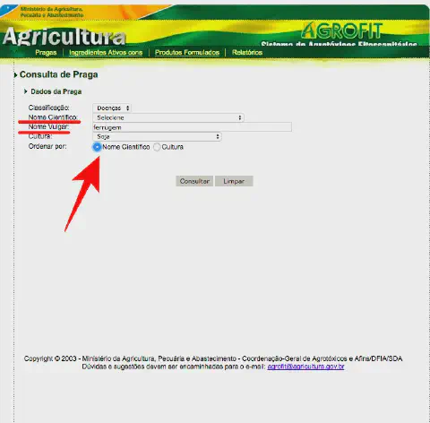 uma captura de tela da interface do sistema Agrofit, a plataforma de agrotóxicos e afins do Ministério da Agri