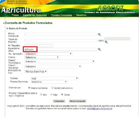 uma captura de tela do sistema AGROFIT, a plataforma oficial do Ministério da Agricultura, Pecuária e Abasteci