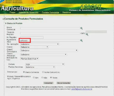 uma captura de tela do sistema AGROFIT, a plataforma oficial do Ministério da Agricultura, Pecuária e Abasteci