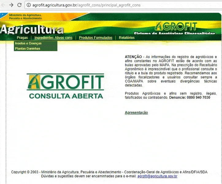 captura de tela do sistema AGROFIT, a plataforma oficial do Ministério da Agricultura, Pecuária e Abasteciment