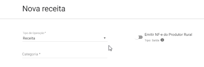 Como Emitir NF-e do Produtor Rural ao Lançar uma Receita O GIF animado demonstra uma funcionalidade do software de gestão Aegro, especificamente na tela de ‘Nova receita’. A imagem f