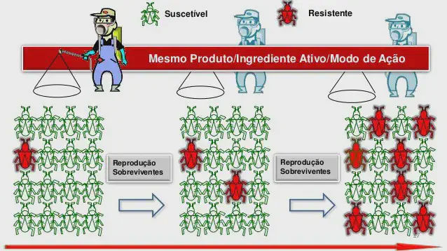 Este infográfico ilustra o processo de desenvolvimento de resistência de pragas a defensivos agrícolas. A imagem mostra, em t