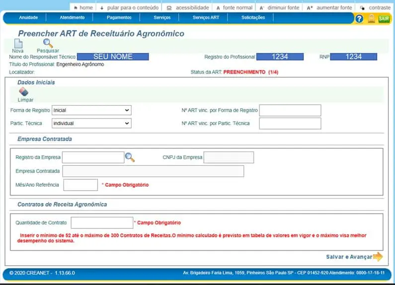 a tela de um sistema online, especificamente o formulário para ‘Preencher ART de Receituário Agronômico’. Trat
