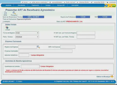 a tela de um sistema online, especificamente o formulário para 'Preencher ART de Receituário Agronômico'. Trat
