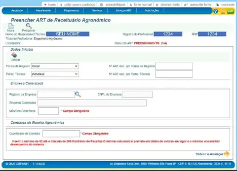 a tela de um sistema online, especificamente o formulário para 'Preencher ART de Receituário Agronômico'. Trat