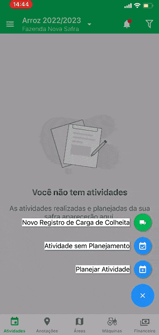 O GIF demonstra a tela de ‘Atividades’ do aplicativo móvel da Aegro. Inicialmente, a tela exibe a mensagem ‘Você não tem ativ