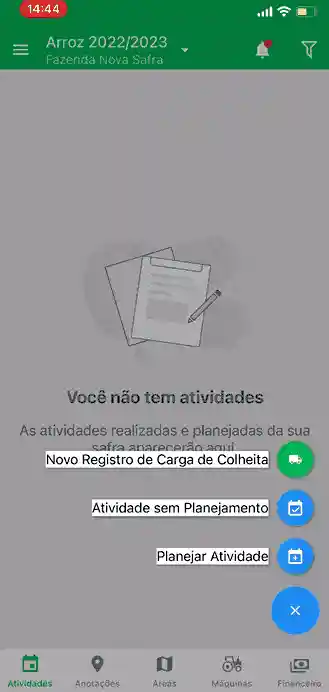 O GIF demonstra a tela de 'Atividades' do aplicativo móvel da Aegro. Inicialmente, a tela exibe a mensagem 'Você não tem ativ