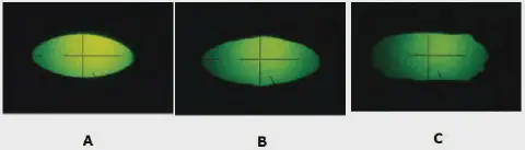 uma comparação de três leituras diferentes (A, B e C) vistas através da ocular de um refratômetro, um instrume