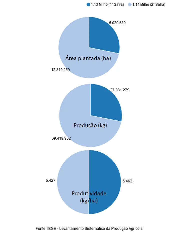 A imagem apresenta três gráficos de pizza que comparam dados da primeira e da segunda safra de milho no Brasil. Os gráficos s