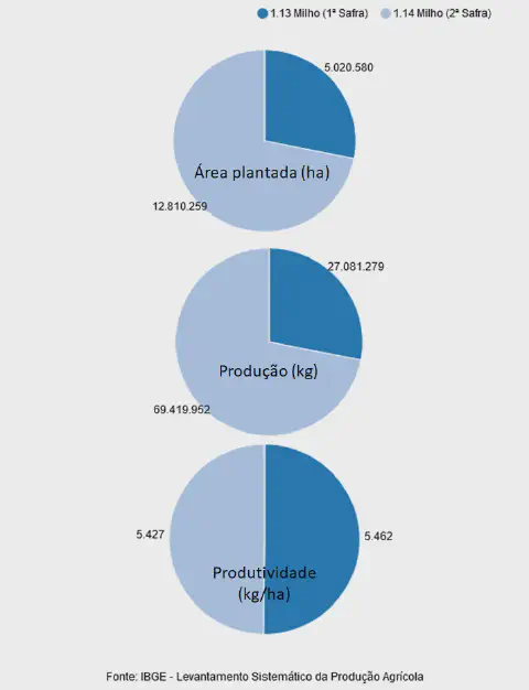 A imagem apresenta três gráficos de pizza que comparam dados da primeira e da segunda safra de milho no Brasil. Os gráficos s