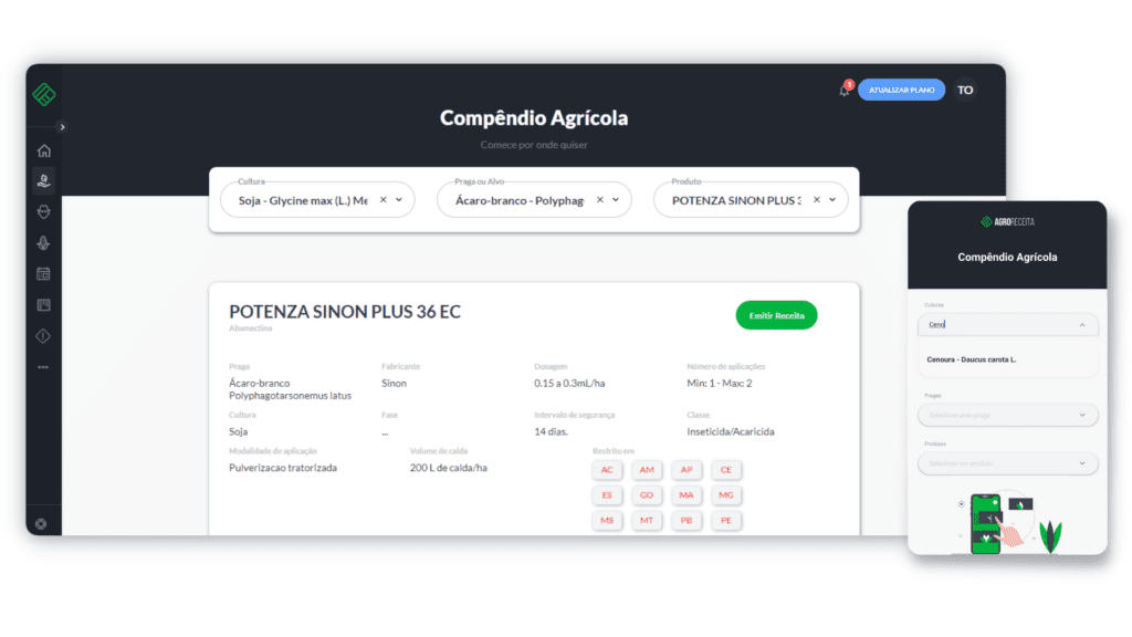 Compêndio Agrícola: Consulta de Defensivos e Receituário a interface do ‘Compêndio Agrícola’, uma ferramenta digital do software Aegro, apresentada tanto em sua versão