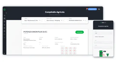 a interface do 'Compêndio Agrícola', uma ferramenta digital do software Aegro, apresentada tanto em sua versão
