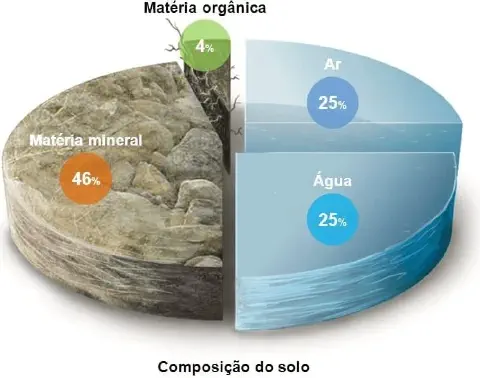 infográfico educativo que ilustra a composição ideal do solo para fins agrícolas. Apresentada em um formato de