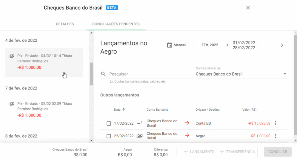 Conciliação Bancária no Aegro: Gestão Financeira Integrada Este GIF animado demonstra a funcionalidade de conciliação bancária dentro do software Aegro. A tela, intitulada ‘Cheques Ban