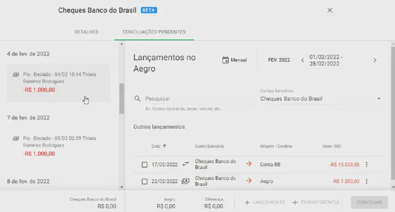 Tela que mostra importação de histórico financeiro com Aegro