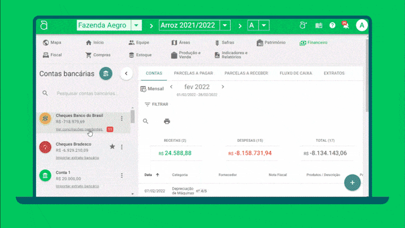 Software Aegro demonstrando processo de conciliação bancária no módulo financeiro