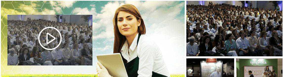 montagem que retrata um evento de grande porte no setor do agronegócio, com foco na participação feminina e na