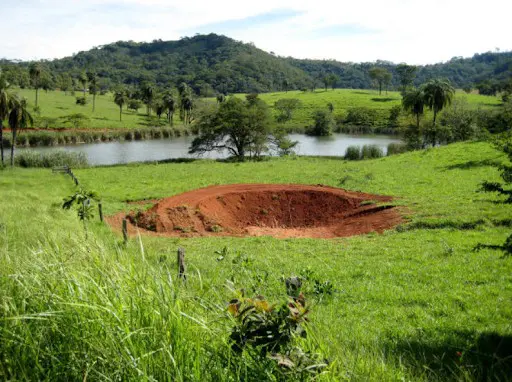 uma paisagem rural brasileira, caracterizada por colinas cobertas de pastagem verdejante sob um céu claro. Em