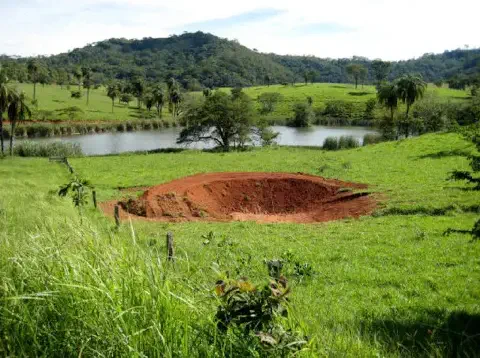 uma paisagem rural brasileira, caracterizada por colinas cobertas de pastagem verdejante sob um céu claro. Em