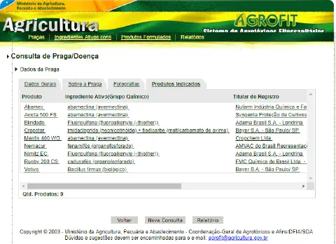 uma captura de tela do sistema AGROFIT, a plataforma oficial de consulta de agrotóxicos e afins do Ministério