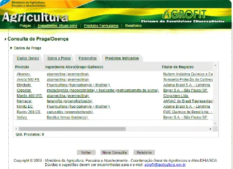 uma captura de tela do sistema AGROFIT, a plataforma oficial de consulta de agrotóxicos e afins do Ministério
