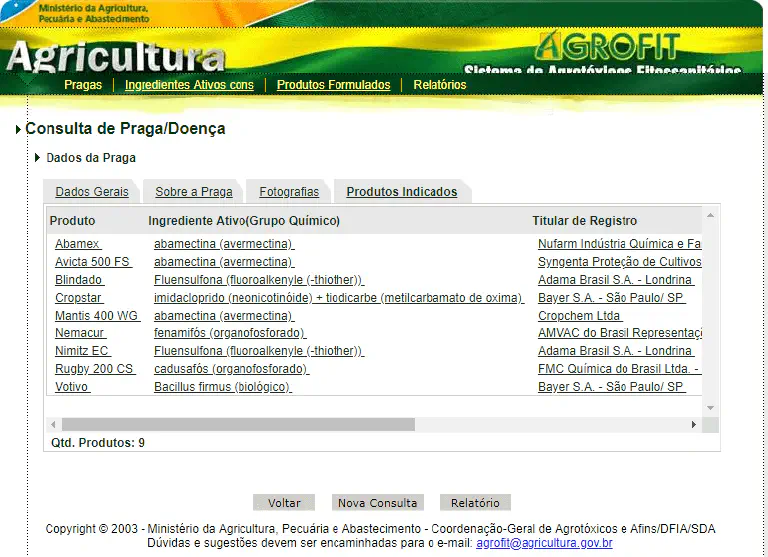 uma captura de tela do sistema AGROFIT, a plataforma oficial de consulta de agrotóxicos e afins do Ministério