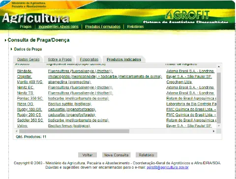 uma captura de tela da interface do sistema AGROFIT, a plataforma oficial do Ministério da Agricultura, Pecuár