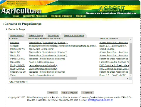 uma captura de tela da interface do sistema AGROFIT, a plataforma oficial do Ministério da Agricultura, Pecuár