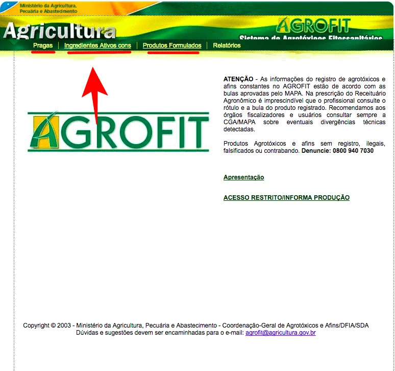 Consulta de Agrotóxicos no Sistema Agrofit do MAPA uma captura de tela da página inicial do sistema AGROFIT, a plataforma oficial do Ministério da Agricultura, P