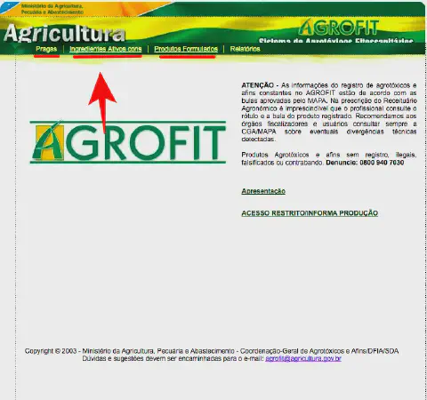 uma captura de tela da página inicial do sistema AGROFIT, a plataforma oficial do Ministério da Agricultura, P