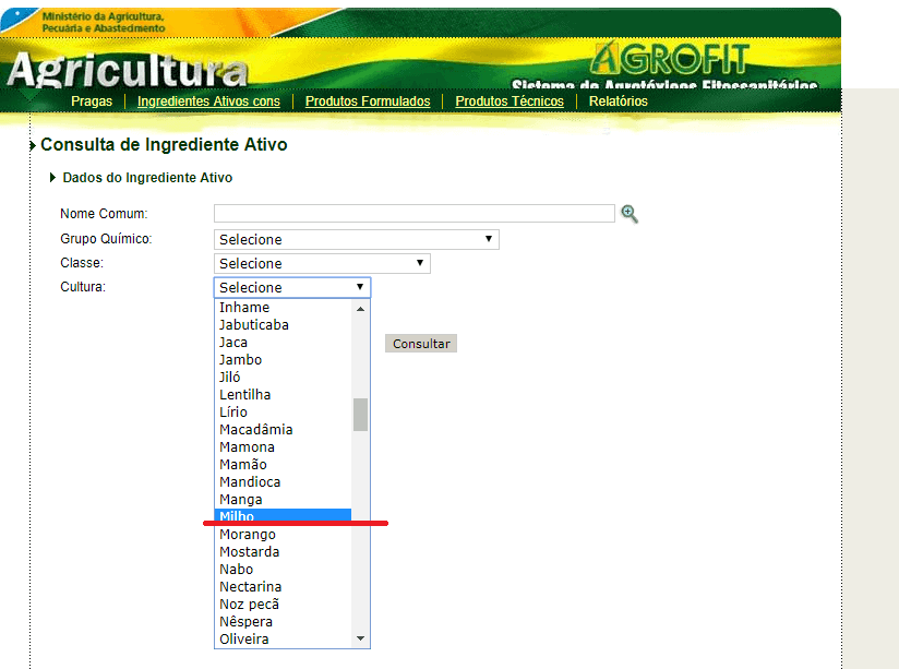 Consulta de Agrotóxicos por Cultura no Sistema AGROFIT uma captura de tela da interface do sistema AGROFIT, uma plataforma do Ministério da Agricultura, Pecuária e A