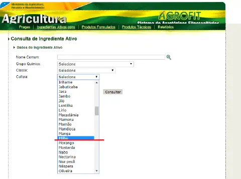 uma captura de tela da interface do sistema AGROFIT, uma plataforma do Ministério da Agricultura, Pecuária e A