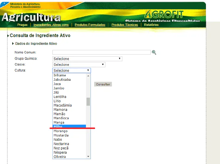 Consulta de Agrotóxicos por Cultura no Sistema AGROFIT uma captura de tela da interface do sistema AGROFIT, uma plataforma do Ministério da Agricultura, Pecuária e A