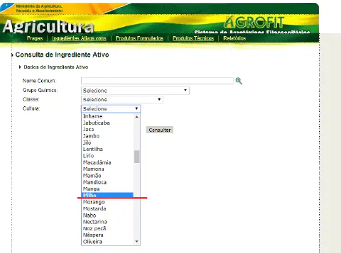 uma captura de tela da interface do sistema AGROFIT, uma plataforma do Ministério da Agricultura, Pecuária e A