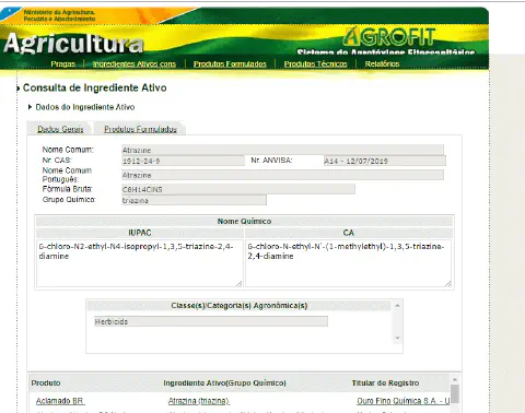 uma captura de tela do sistema AGROFIT, a plataforma oficial do Ministério da Agricultura, Pecuária e Abasteci