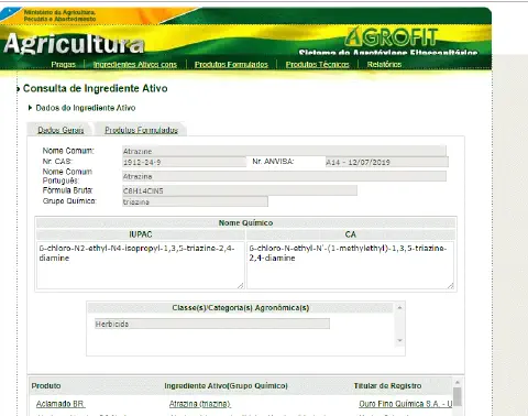 uma captura de tela do sistema AGROFIT, a plataforma oficial do Ministério da Agricultura, Pecuária e Abasteci