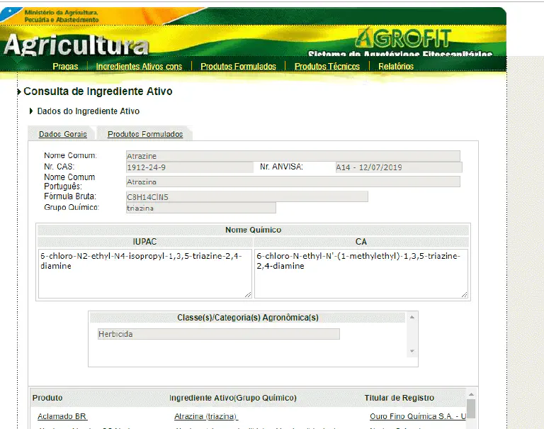 Consulta de Atrazina no Sistema AGROFIT do MAPA uma captura de tela do sistema AGROFIT, a plataforma oficial do Ministério da Agricultura, Pecuária e Abasteci