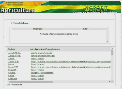 uma captura de tela do sistema AGROFIT, a plataforma oficial de consulta de agrotóxicos e afins do Ministério