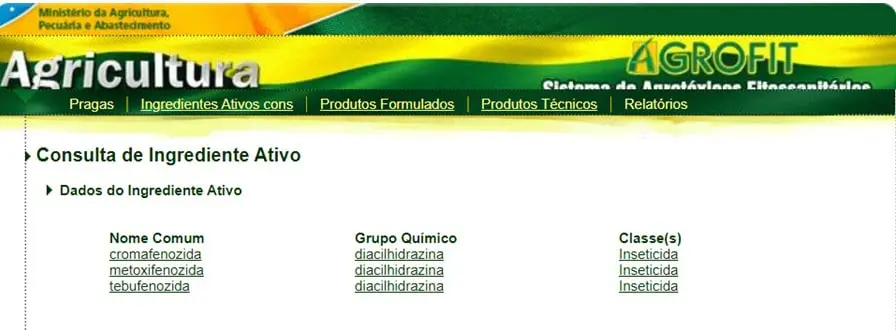uma captura de tela do sistema AGROFIT, a plataforma oficial do Ministério da Agricultura, Pecuária e Abasteci