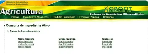 uma captura de tela do sistema AGROFIT, a plataforma oficial do Ministério da Agricultura, Pecuária e Abasteci