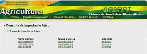 uma captura de tela do sistema AGROFIT, a plataforma oficial do Ministério da Agricultura, Pecuária e Abasteci
