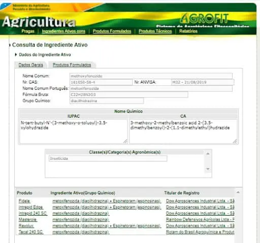 uma captura de tela do sistema AGROFIT, a plataforma oficial do Ministério da Agricultura, Pecuária e Abasteci