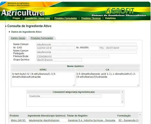 uma captura de tela da plataforma Agrofit, o sistema de agrotóxicos e afins do Ministério da Agricultura, Pecu