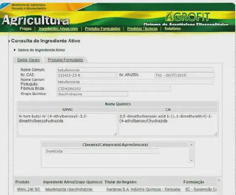 uma captura de tela da plataforma Agrofit, o sistema de agrotóxicos e afins do Ministério da Agricultura, Pecu