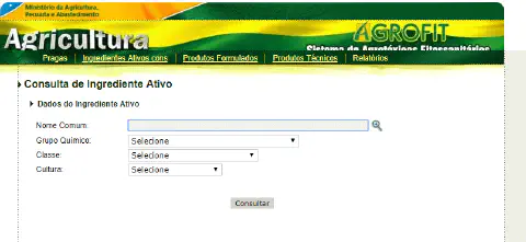uma captura de tela do sistema AGROFIT, a plataforma oficial de consulta de agrotóxicos fitossanitários do Min