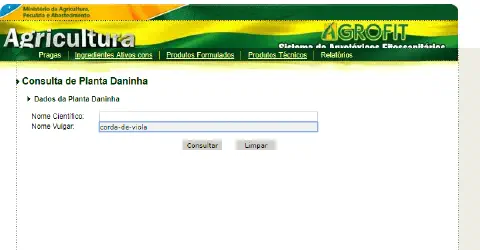 uma captura de tela do sistema AGROFIT, uma plataforma oficial do Ministério da Agricultura, Pecuária e Abaste